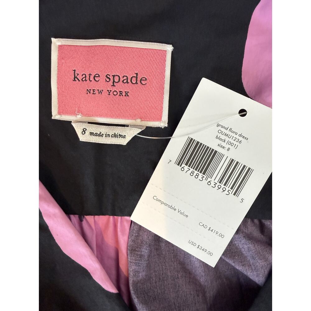 Kate Spade Grand Flora Dress Women's 8 Black Pink Floral Cotton Mini V-Neck NWT - Picture 4 of 8